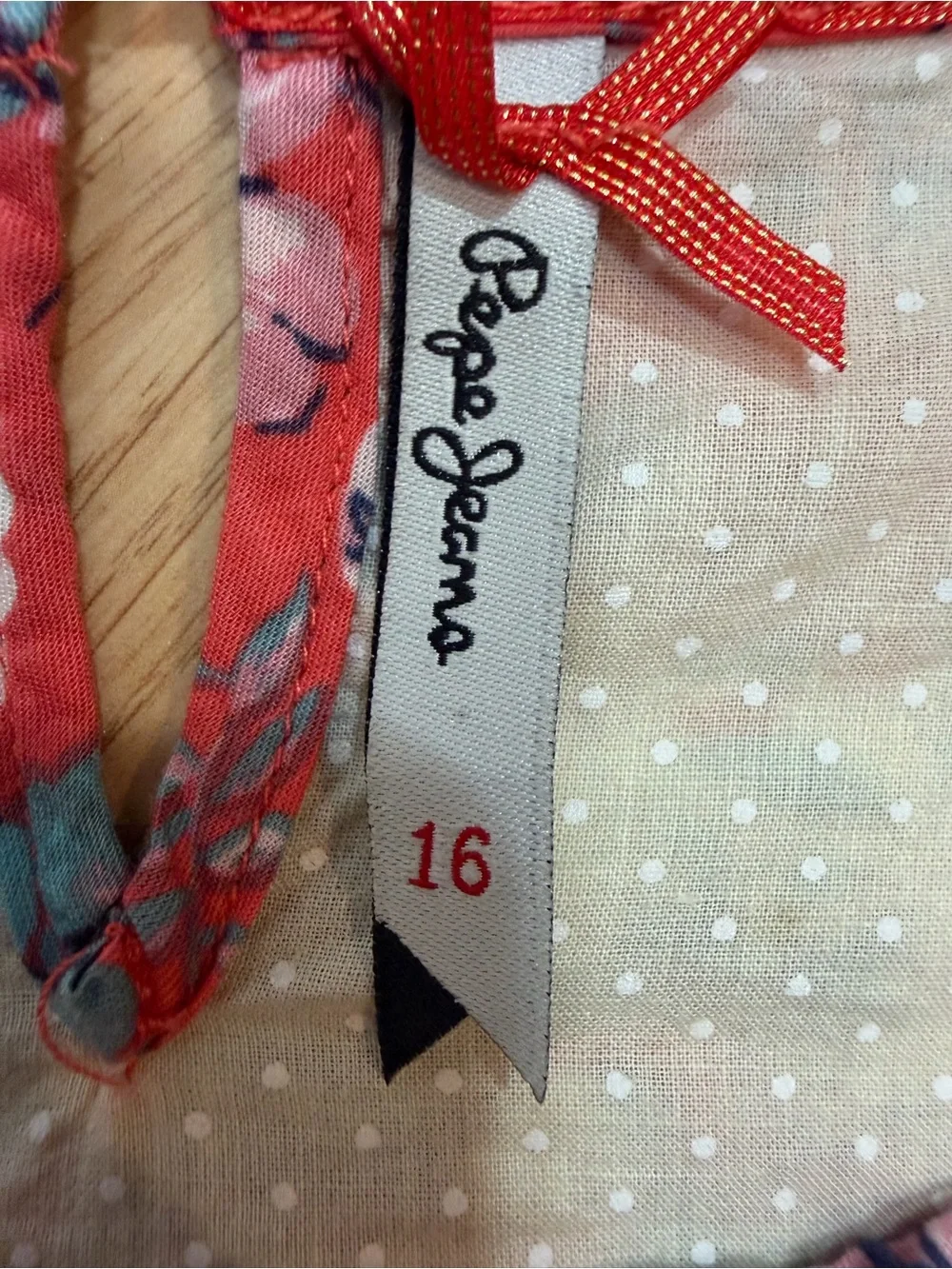 Pepe Jeans Girls Size 16 Coral Floral A-Line Dress Long Sleeve Ruffle Neck Knit